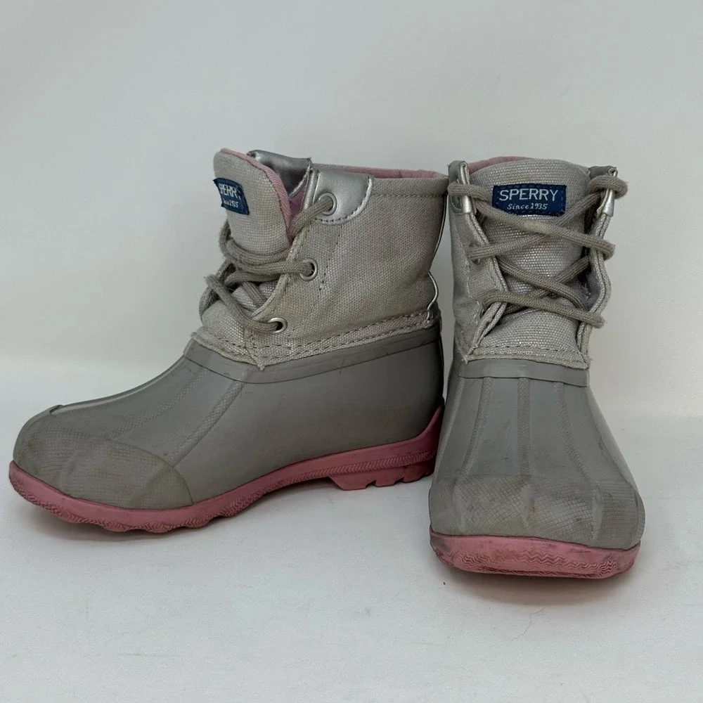 Sperry Port Boot‎ Girls Gray Pink Duck Rain Winter Casual Boots Kids Size 10M